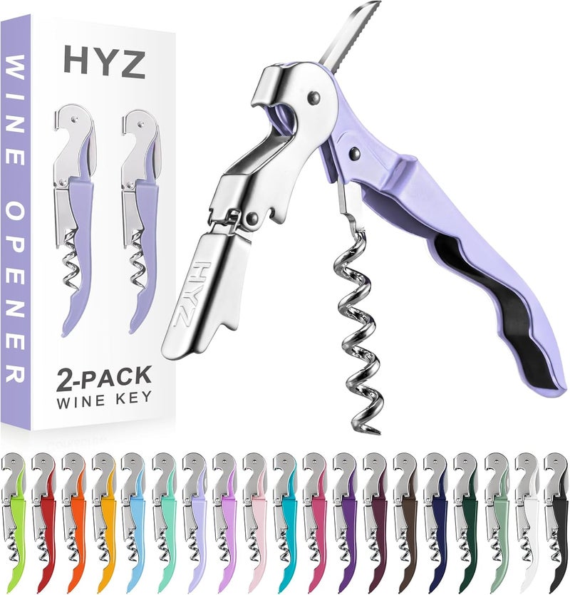 HYZ 2-Pack Wine Opener Waiter Corkscrew, Professional Wine Key for Servers, Bartender with Foil Cutter, Manual Wine Bottle Opener Double Hinged (Lavender) - Image 1